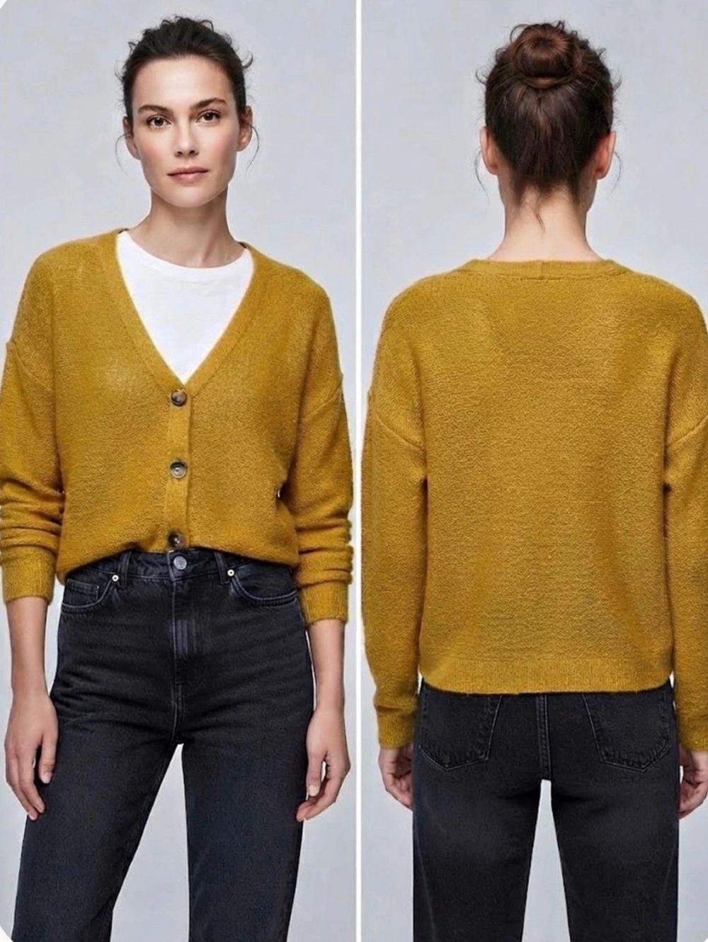 LCW Casual Knitwear Cardigan V-Neck Button Cardigan in Yellow Size Small
